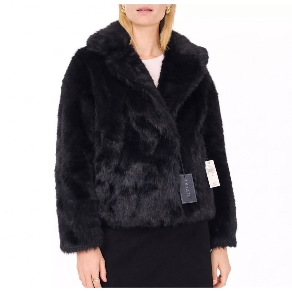 1.STATE Faux Fur Jacket V neck Long Sleeve Black Size M